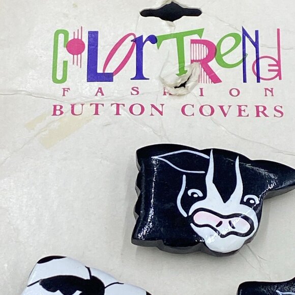 Vintage Set of 6 Cow Button Covers Black White Pink Wood NEW Funny - Picture 10 of 14